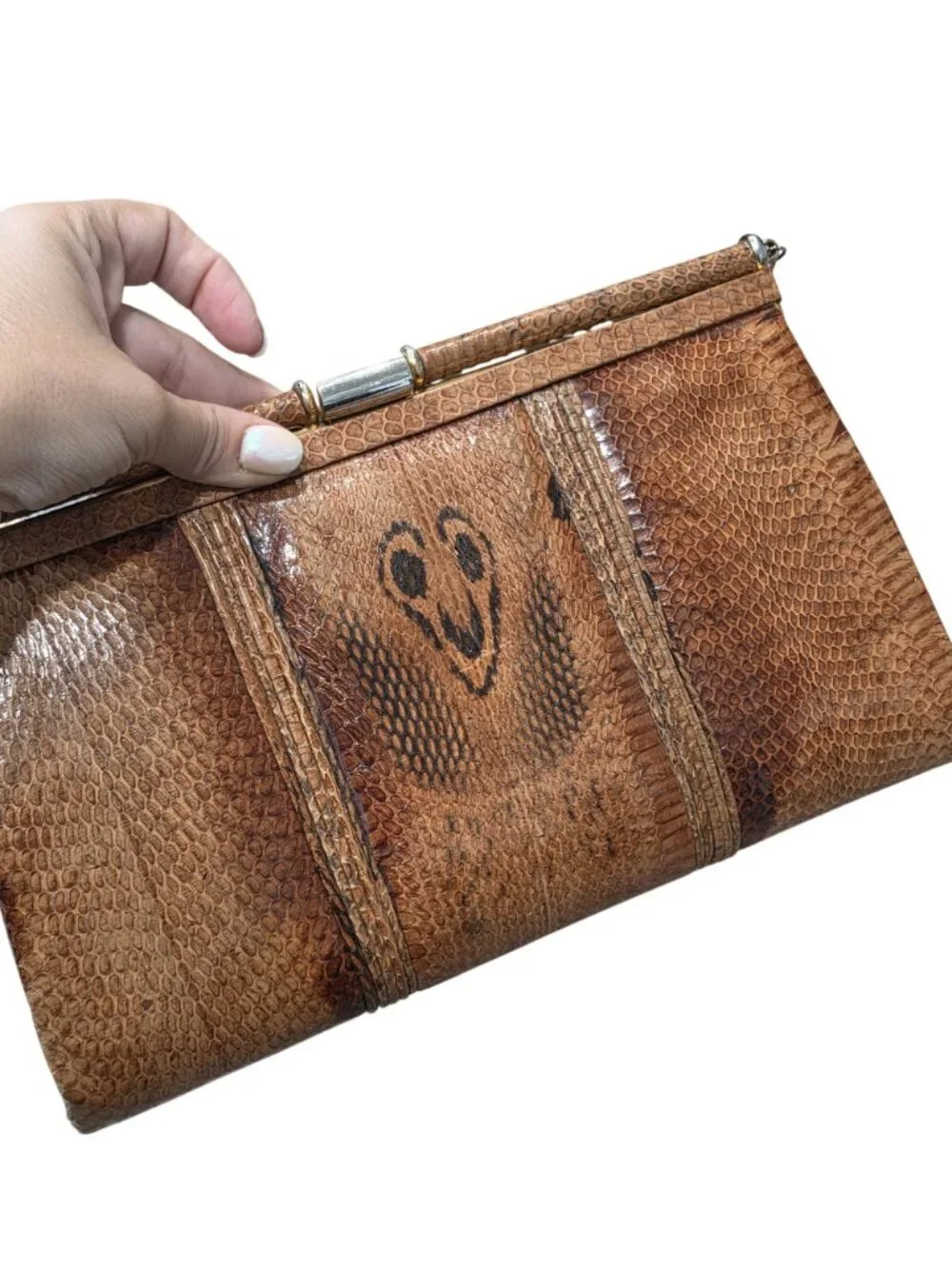 Vintage king cobra Snake skin Evening Bag With Gold Chain Strap Timeless Elegant